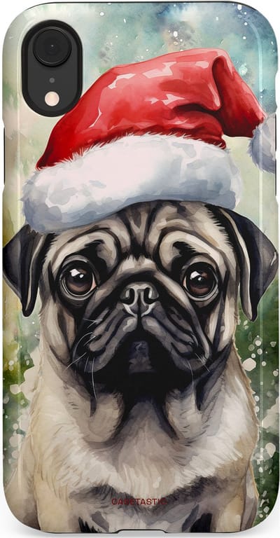 Casetastic hoesje geschikt voor Apple iPhone XR - Dubbellaagse bescherming - Aquarel Kerstmis Pug Hond - Fashion Case - Grijs Taupe Donkergrijs Saliegroen