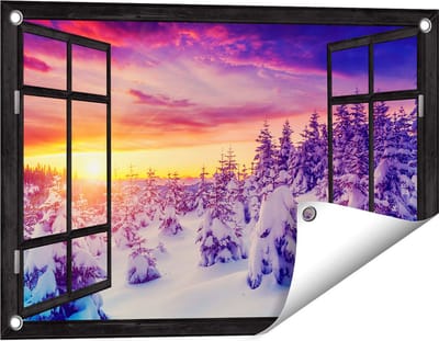 Gards Tuinposter Doorkijk Zonsondergang in het Sneeuw Bos - 60x40 cm - Tuindoek - Tuindecoratie - Wanddecoratie buiten - Tuinschilderij
