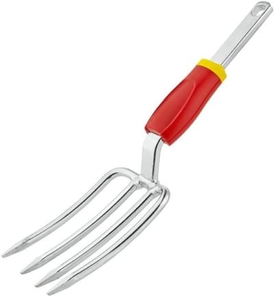 YOR® Woelvork - Tuinwoeler - Spitvork Met D-Greep - Grondwoeler Met 4 tanden – Tuinklauw - Bodembewerking - Rood/Zilver/Geel - 30cm x 10cm x 5cm