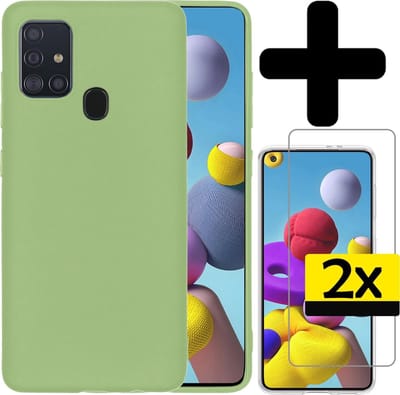 Hoesje - Met 2x Screenprotector - Geschikt voor Samsung Galaxy A21s - Sterk & Shockproof - Back Cover - Siliconen Case - Telefoon Hoes - Telefoonhoesjes - Groen