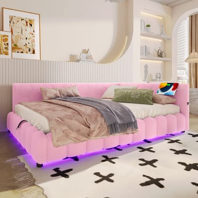 DESMIU Gestoffeerd Bed 140x200cm – Bedbank Met Ledverlichting, Hydraulische Opbergruimte En Usb- en Type-c-Aansluiting – Voor Slaapkamer – Velvet – Roze – Zonder Matras