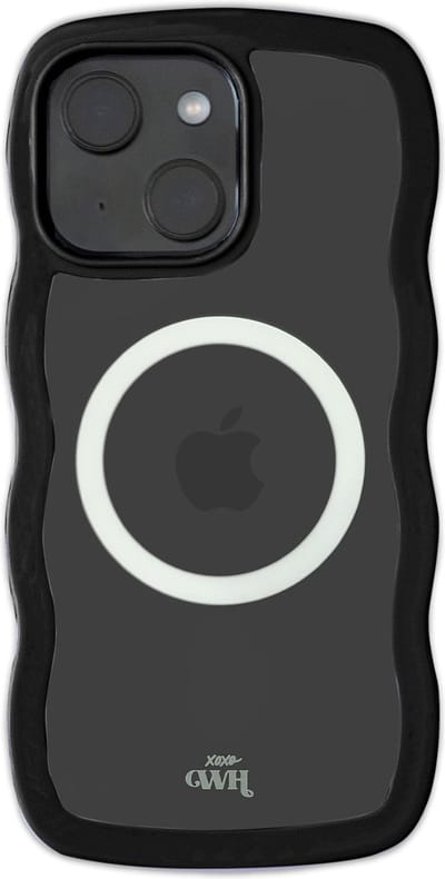 xoxo Wildhearts Magnetische Wavy Case - Zwart telefoonhoesje - Geschikt voor iPhone 15 MagSafe - Golvend hoesje - Wolken hoesje - Schokbestendig - Cloud Case met magneet ring - Silicone case - Transparant / Zwart