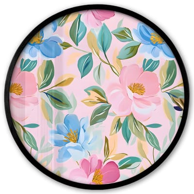 Poster in lijst Rond - Fotolijst 40x40 cm - Posters - Blauw - Roze - Bloemen - Ronde posterlijst zwart - Decoratie - Wanddecoratie woonkamer - Muurdecoratie slaapkamer