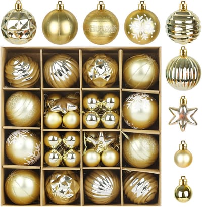 SnelShoppen - 42 Kerstballen Set - Kerstboom Decoratie - Gouden Ballen en Sterren - Indoor en Outdoor Gebruik - Inclusief Glanzend en Matt - 6 cm en 3