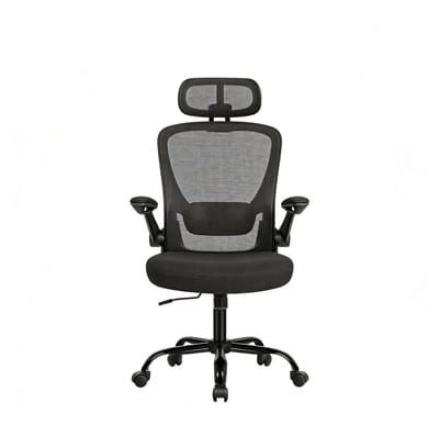 Bureaustoel ergonomische draaistoel 64×64×(115-130) cm zwart, mesh-zitting, met verstelbare lendensteun, hoofdsteun, kantelfunctie en inklapbare armleuningen, draagvermogen 120 kg, geschikt voor kantoor/studeerkamer/thuisgebruik