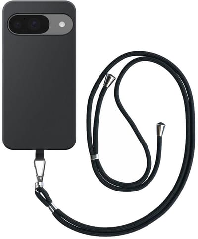 Geschikt voor Google Pixel 9 / 9 Pro Telefoonhoesje met Afneembaar Zwart Koord - Flexible Back Cover Case Siliconen TPU with Black Lanyard - Zwart - Smartphonica geschikt voor Google Pixel 9;Google Pixel 9 Pro