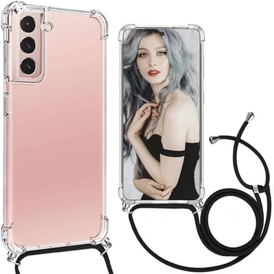 Hoesje Geschikt Voor Samsung Galaxy S21 Hoesje transparant met draagkoord - Hoesje Geschikt Voor Samsung Galaxy S21 TPU backcover met koord - Zwart