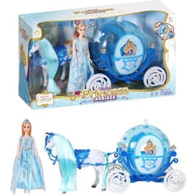 Prinsessenkoets blauw met lopend paard en pop Poppen toebehoren Tienerpoppen