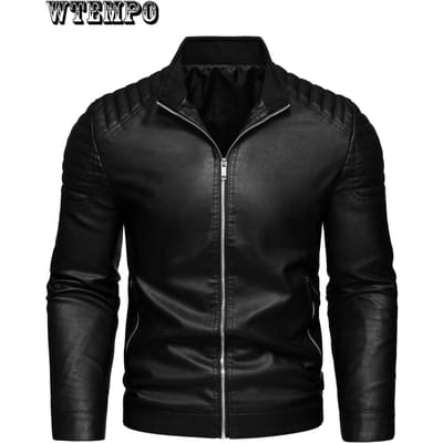 Veste pour homme unie zippée en cuir PU avec col montant, manteau de motard, vêtement cool et élégant XXXXL noir