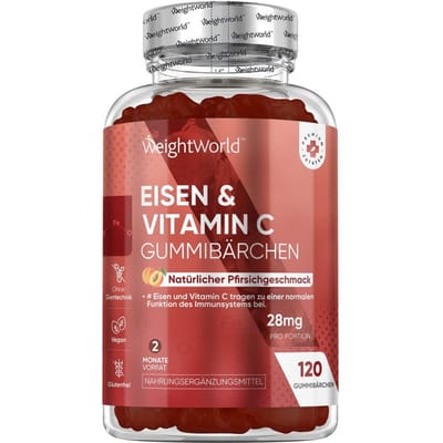 WeightWorld IJzer Gummies - 28 mg - Met vitamine C voor betere ijzeropname - 120 gummies zonder gelatine - Natuurlijke perziksmaak - Lekker alternatief voor ijzer tabletten