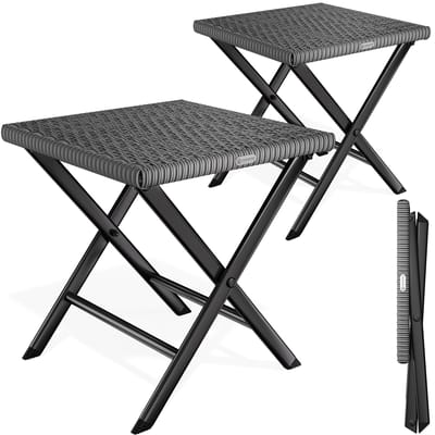 Polyrattan opvouwbare kruk antraciet, set van 2, 3-in-1, draagvermogen 120 kg, 43 x 40 x 44 cm, opvouwbaar, licht van gewicht, draagbaar, weerbestendig voor buiten