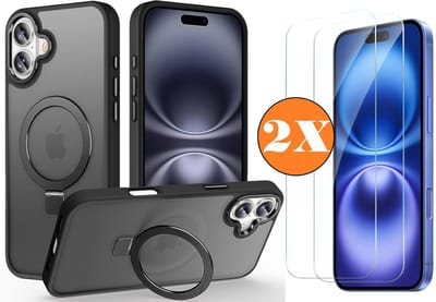Hoesje Geschikt voor iPhone 16 Plus MagSafe Hoesje met Ring Stand Zwart - Hoesje MagSafe iPhone 16 Plus Screenprotector Gehard Glas 2X