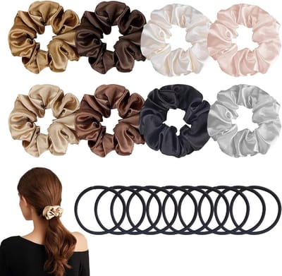 18 Stuks Satijnen Scrunchie Paardenstaarthouder, Klassiek Effen kleur Gelakt Satijnen Haartouw, Zijden Scrunchies - ShopVlot