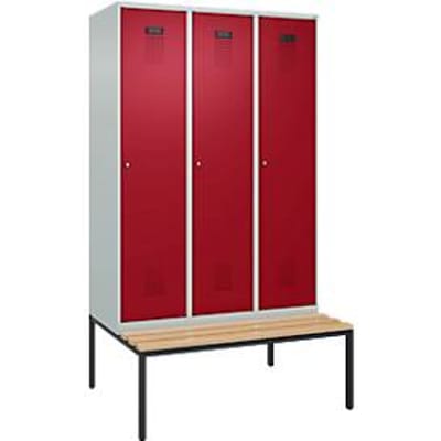 C+P Evolo Plus garderobekast, 3 vakken, 400 mm vakbreedte, met bank eronder, B 1200 x D 815 x H 2120 mm, cilinder, lichtgrijs/ruy rood