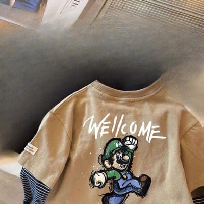 T-shirt voor jongens van puur katoen, lange mouwen, nep tweedelig, lente en herfst voor kinderen, kindertops, baby ondershirt, herfstkleding 140cm