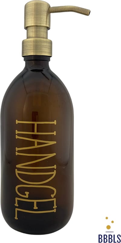 BBBLS® Design Dispenser "Handgel" | Bruin Kunststof | 500ml | RVS / Metaal Pomp Goud | Zeeppomp | Zeepdispenser | Zeephouder