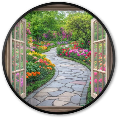 Poster in lijst Rond - Fotolijst 60x60 cm - Posters - Doorkijk - Bloemen - Tuinpad - Natuur - Raam - Ronde posterlijst zwart - Decoratie - Wanddecoratie woonkamer - Muurdecoratie slaapkamer