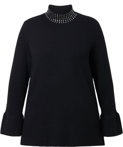 Ulla Popken - Dames - Trui volantmouwen opstaande kraag lange mouwen - Zwart - Maat 42+