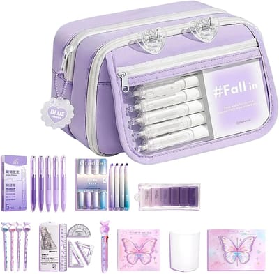 Opbergtas Set - Etui Pennenhouder - School Kantoor - Ruime Capaciteit - 26 x 18 x 4 cm - Paars