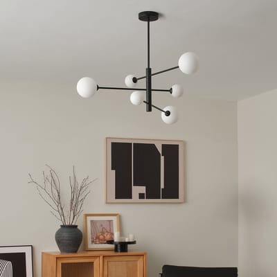 Design plafondlamp zwart met melkwit glas, 6-lichts - Sest