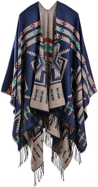 Dames Poncho Sjaal - Gebreide Cape - Warm Blijven - Dubbelzijdig Ontwerp - 135x160 cm - Marine Beige