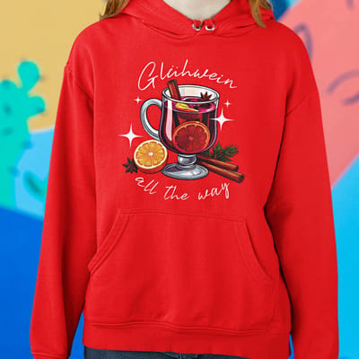 Dames Foute Kerst Hoodie Rood Glühwein All The Way XS - Uniseks Pasvorm - Kerstkleding Voor Dames & Heren
