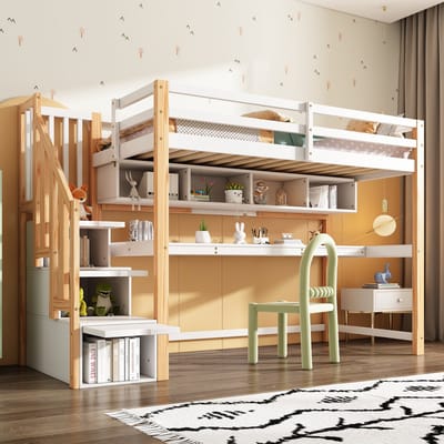 Wishdor – Kinderhoogslaper 90x200 cm – Bureau, Boekenkast & Opbergtrap – Scandinavisch Wit‑Eiken