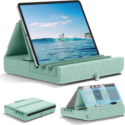 Opvouwbare Tabletkussenhouder - iPad-standaard voor bed en bureau - zachte pad met Pocket & Stylus Mount - compatibel met iPad Pro 12.9 10.5 - Galaxy Tab - E-reader - laptop stand