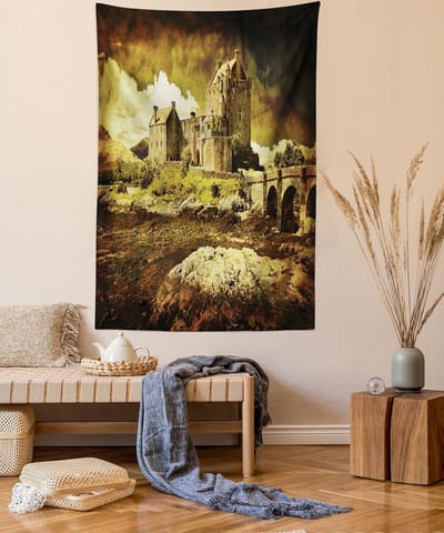 ABAKUHAUS Middeleeuws Wandtapijt, Oud Schots Kasteel, Woonkamer Slaapkamer Wanddoek Zijdezacht Satijn Wandtapijt, 150 x 200 cm, Grijsgroen