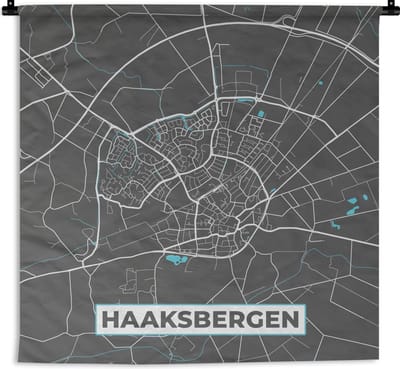 Wandkleed - Wanddoek - Plattegrond - Haaksbergen - Grijs - Blauw - 150x150 cm - Wandtapijt - Stadskaart