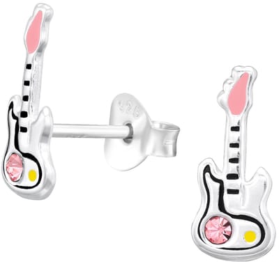 Joy|S - Zilveren gitaar oorbellen - zilver met roze - 5 x 11.5 mm - oorknoppen