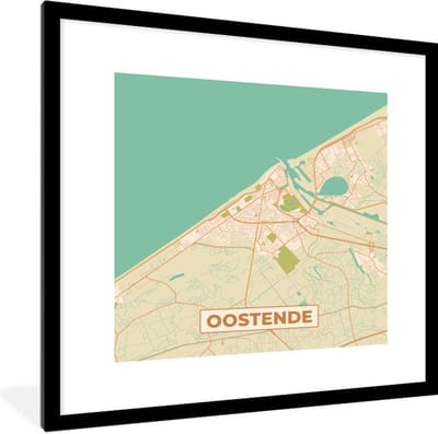 Fotolijst incl. Poster - Plattegrond - Stadskaart - Oostende - België - Kaart - 40x40 cm - Posterlijst