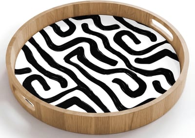 Dienblad rond 40x40 cm - Schootdienblad hout - Modern - Lijnen - Zwart - Borrelplank rechthoek - Plateau houten dienbladen