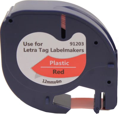 KATRIZ® huismerk label tape voor Dymo 91203 | DYMO LETRATAG LetraTag 100H/LetraTag 100T/LetraTag 2000/LetraTag QX54 | Zwart op Rood | 12mm*4m |   1 stuk