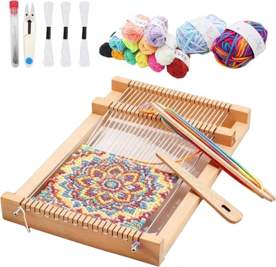 Houten Weefraam voor Kinderen 29 x 19 cm met Naald en Kleurrijke Wol - Perfect voor Beginners en Creatieve Activiteiten
