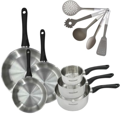 Set van 3 pannen 20/24/28 cm en 3 steelpannen 12/16/20 cm Fackelmann Geneva met 5 keukengerei
