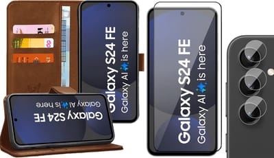 Hoesje geschikt voor Samsung Galaxy S24 FE - Screenprotector Volledig Dekkend Glas & Camera - Portemonnee Book Case Bruin