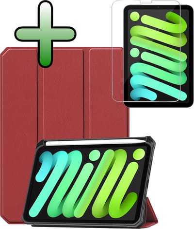 Hoesje Geschikt voor Apple iPad Mini 7 (2024) - 8.3 inch - 7e Generatie - Met Screenprotector - Trifold Bookcase - Hard Cover Case - Met Uitsparing Geschikt voor Apple Pencil - Hardcover Book - Tablet Hoes - Donkerrood