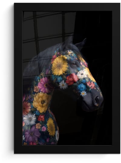 Poster in lijst - Fotolijst 20x30 cm - Posters - Paard - Bloemen - Zwart - Posterlijst zwart - Decoratie - Wanddecoratie woonkamer - Muurdecoratie slaapkamer