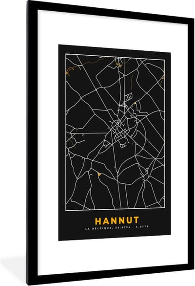 Fotolijst incl. Poster - Kaart - Hannut - Goud - Stadskaart - Plattegrond - 80x120 cm - Posterlijst