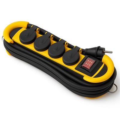 Perel Stekkerdoos, 4 klapdeksels, 4 stopcontacten met randaarde (type F), kabelgleuf, haak, kabel 3 m, 3G1.5, voor binnen en buiten, zwart/geel