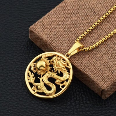 Style Ethnique Homme Collier Rétro Dragon Jouant avec des Perles Pendentif Motif Dragon Pendentif Personnalisé Chaîne Longue pour Pull Accessoires brown