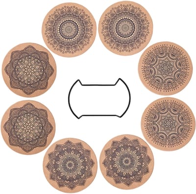 QTTVBTNA - 8 stuks Kurken Onderzetters - Absorberend & Hittebestendig - Mandala Design - Tafelbescherming - Voor Keuken & Woonkamer - Houtkleur - Rond - 14cm