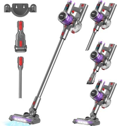 Brixy Steelstofzuiger Draadloos - 30 kPa Zuigkracht - 50 Min Gebruiktijd - Meerdere Filters - Kruimeldief - Draadloze Stofzuiger - Vacuum Cleaner - Grijs/Paars