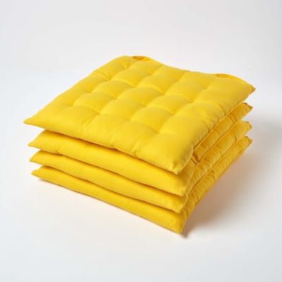 Homescapes stoelkussens – set van 4 zitkussens – katoen – 40x40 cm – geel – met lint – voor eetkamer & buitengebruik