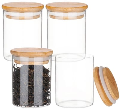 Dailygoods- Kruidenopslagcontainer 4 Stuks - Doorzichtige Glazen Pot - Bamboe Deksels - Luchtdicht - 200 ml - Siliconen Ring Afdichting - Voedselopslagpot