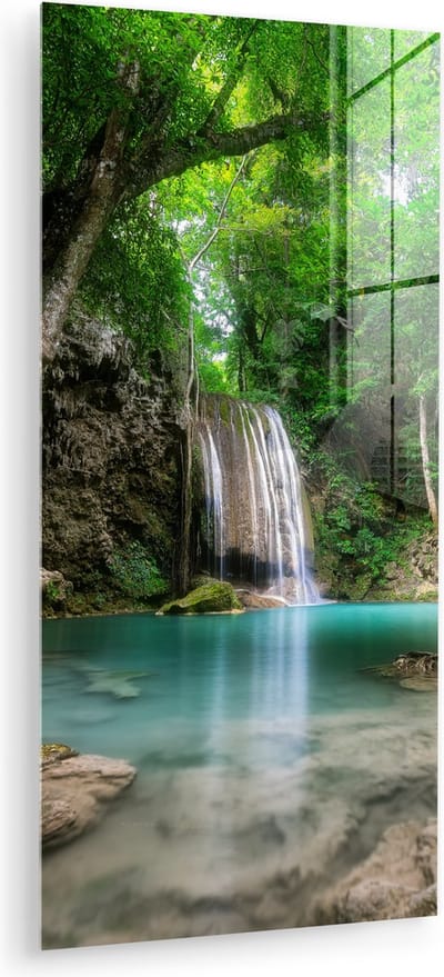 MuchoWow® Glasschilderij 20x40 cm - Schilderij acrylglas - Jungle - Waterval - Planten - Water - Natuur - Foto op glas - Muurdecoratie woonkamer - Wanddecoratie slaapkamer - Schilderijen