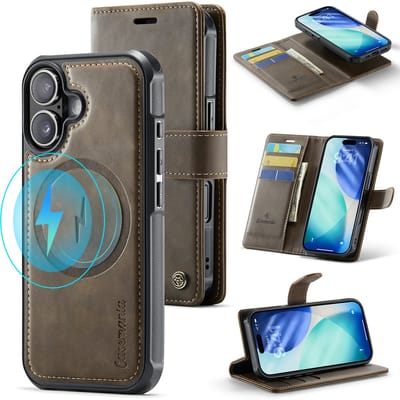 Casemania Hoesje Geschikt voor Apple iPhone 17 - Mahogany Brown - Geschikt voor MagSafe - Luxe Kunstleer 2 in 1 Afneembare Bookcase - Magnetische Telefoonhoesje met Pasjeshouder en Standaardfunctie