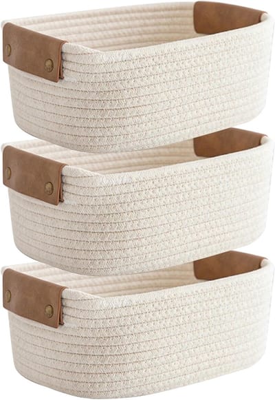 3-delige Gevlochten Opbergmanden voor Badkamer en Kinderkamer - Kleine Opbergmanden voor Planken, Katoenen Organiser in Beige, 28 x 22 x 1 cm