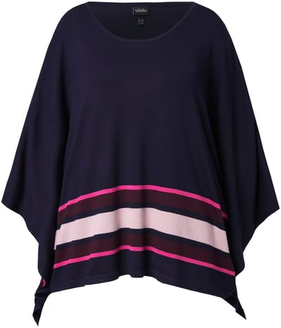 Ulla Popken - Dames - Gebreide cape strepen oversized ronde hals lange mouw - Marine - Maat 1+